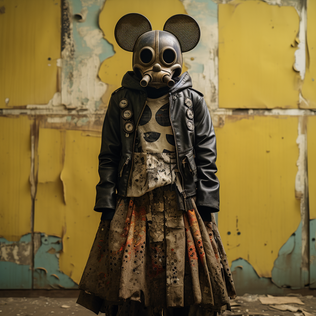 Man model in futuristic Mickey Mouse mask poses.