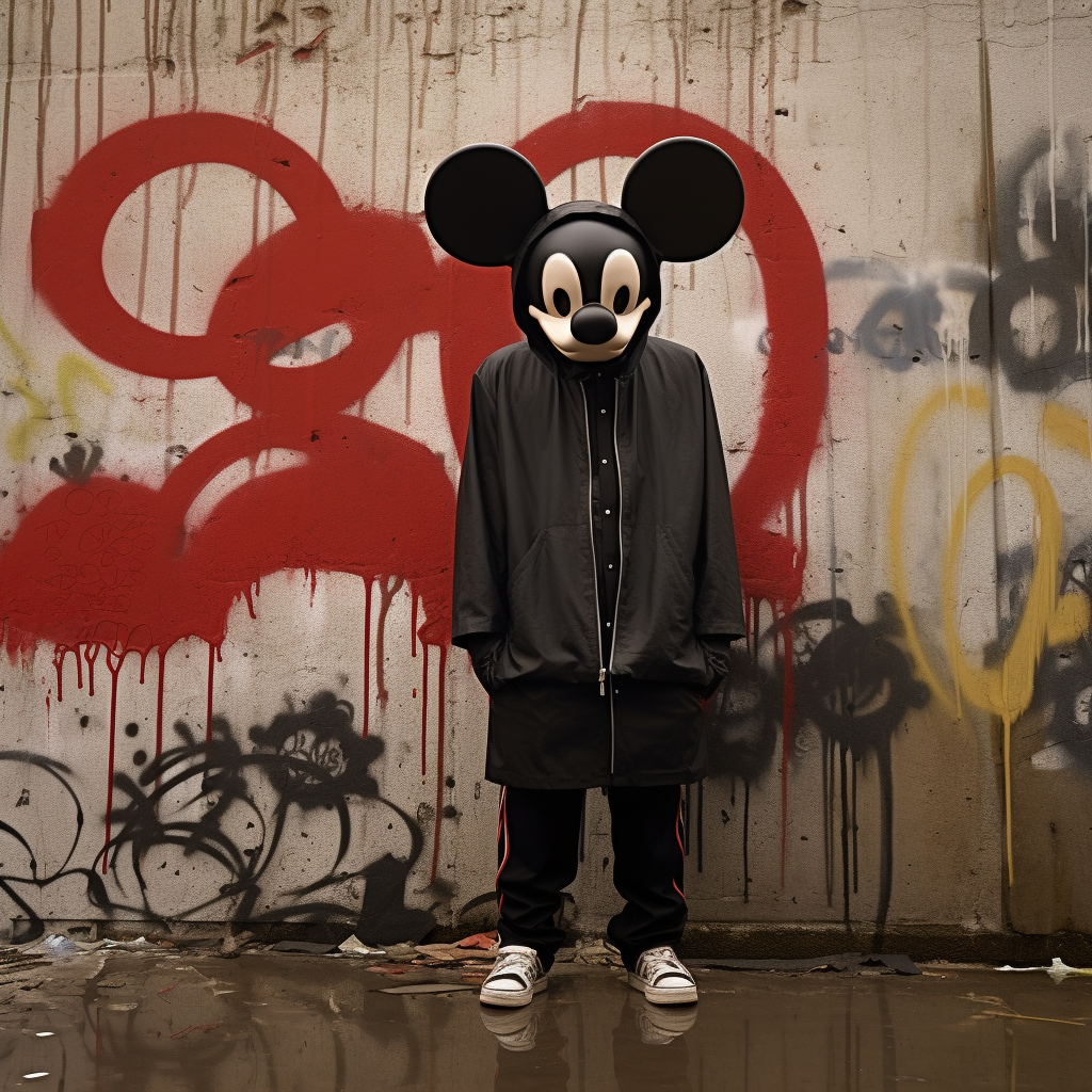 Man model wearing Mickey Mouse mask in post atomic setting.