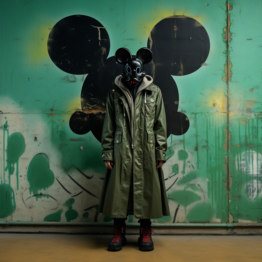 Man model wearing metal Mickey Mouse mask in ruins.