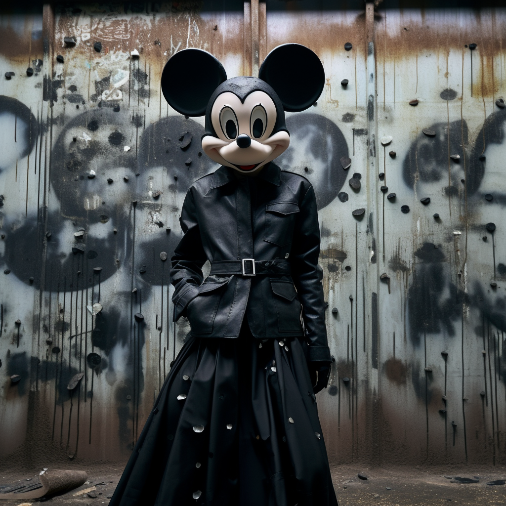 Man model wearing metal futurist Mickey Mouse mask.