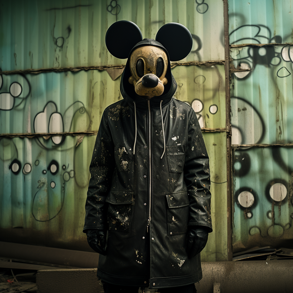 Man model with Mickey Mouse mask in post-apocalyptic setting.