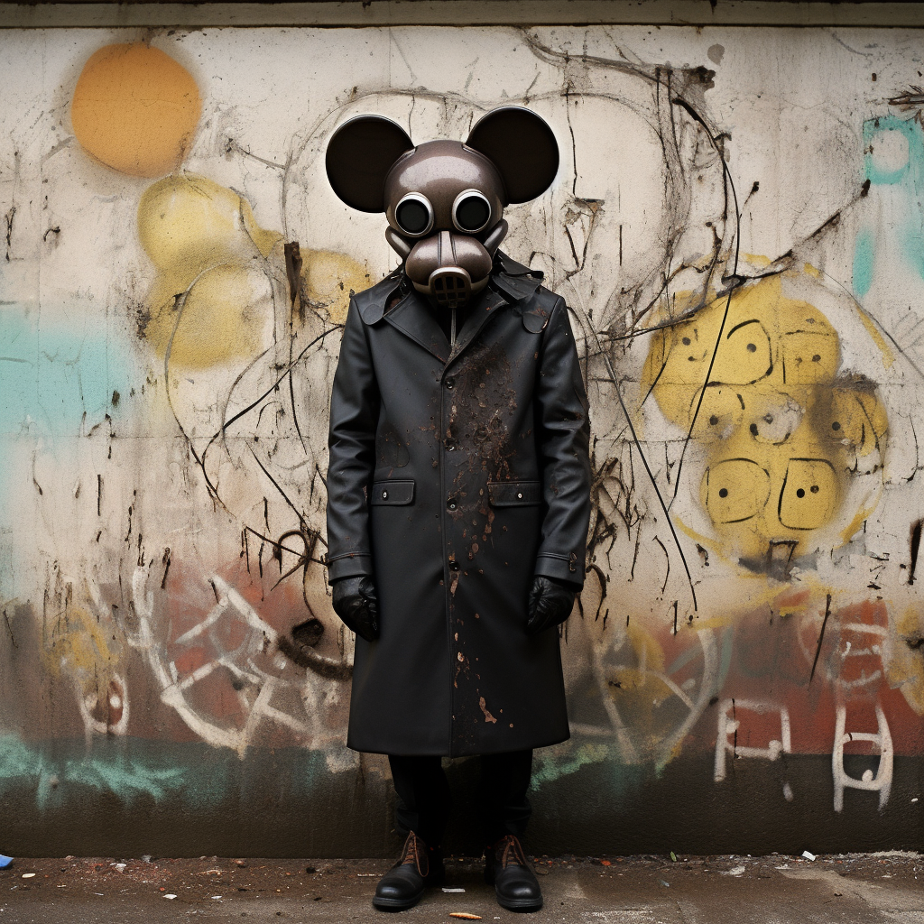 Man model with Mickey Mouse mask in vintage suit.