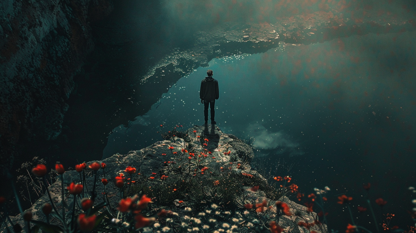 Man on Edge Overlooking Abyss, Family Home Love