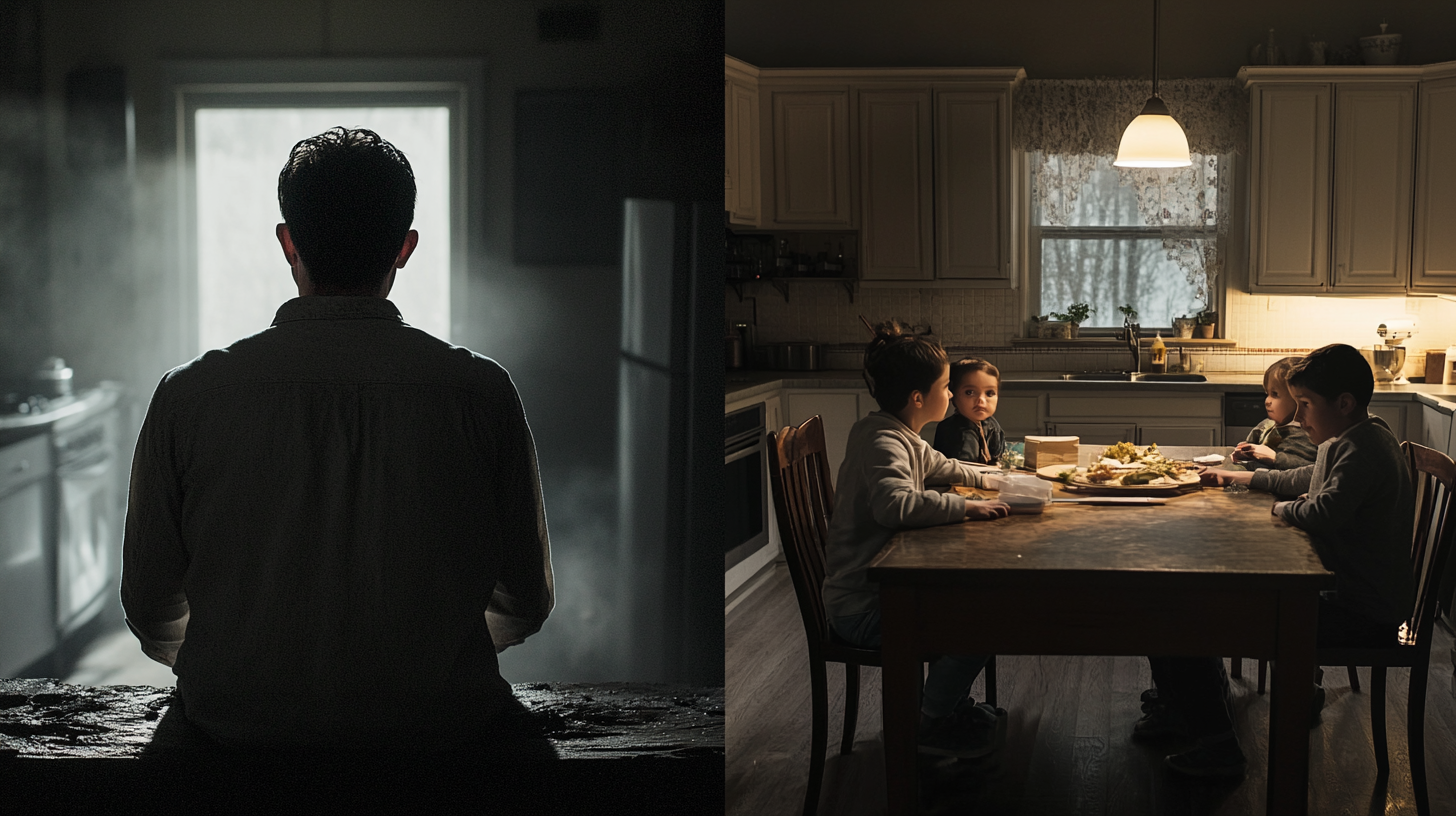 Man on Edge of Dark Chasm, Family Waiting - Life, Love, Cinematic Image 16:9