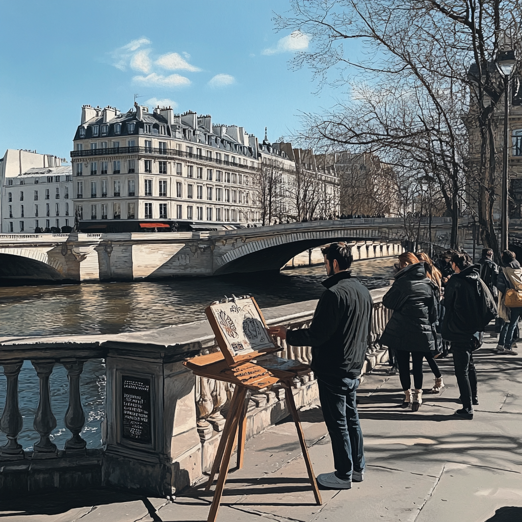 Man on Paris bridge doing embroidery show launch. Sunny.