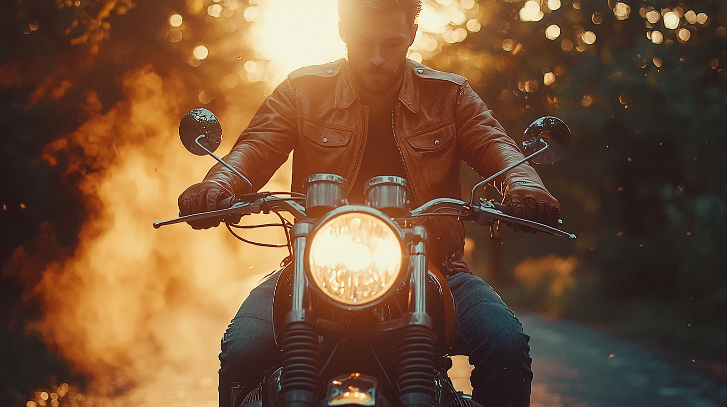 Man on cool bike in dust, leather jacket.