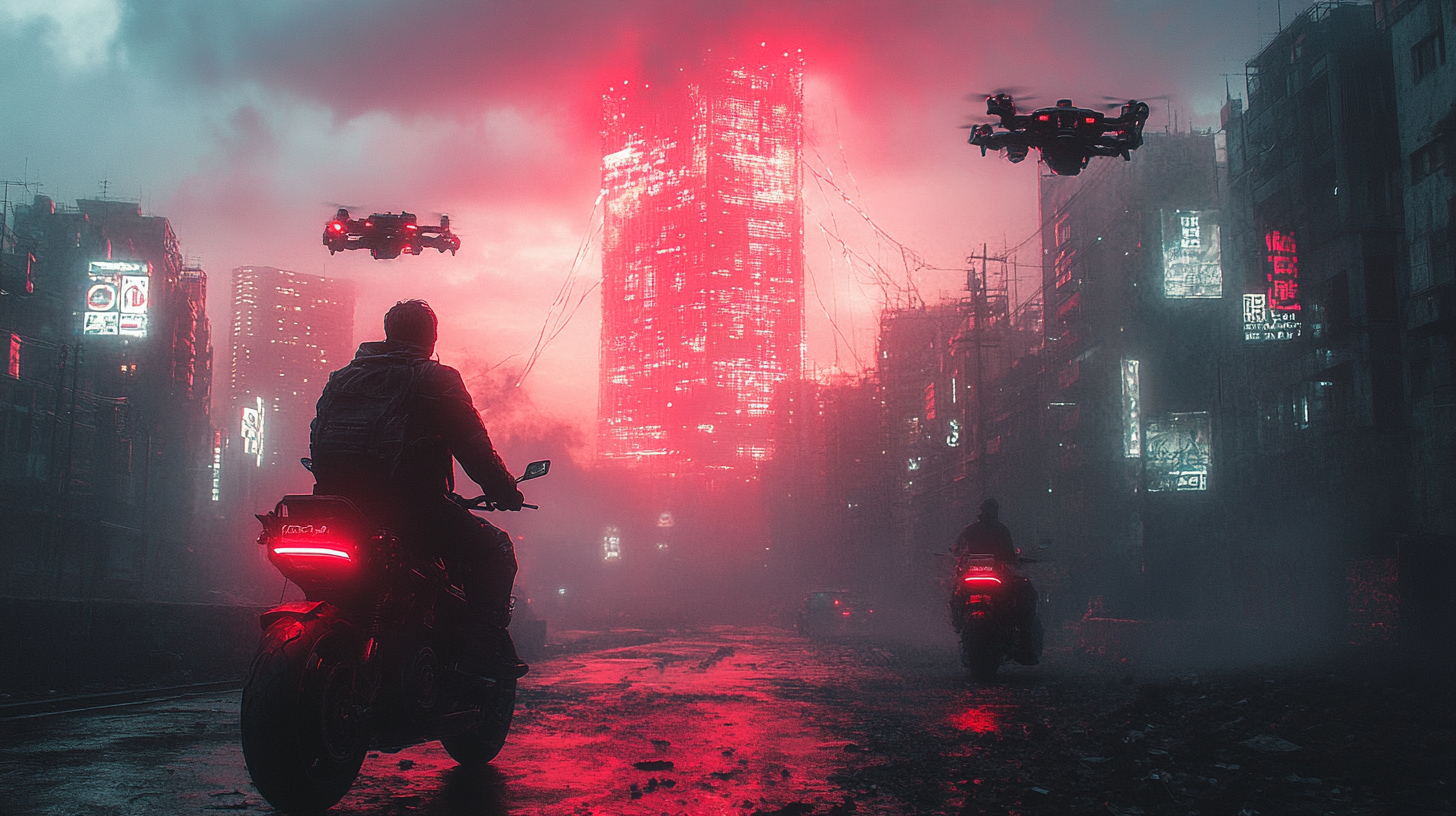 Man on hoverbike escaping drones in wasteland. City skyline barely visible, neon sky.