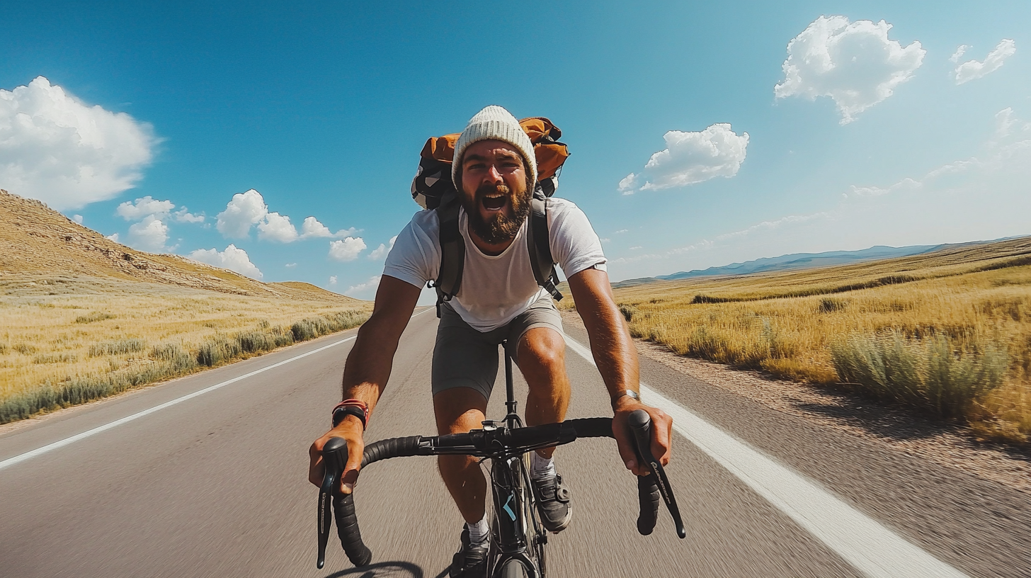 Man on road bike in cross-country race, determined face.