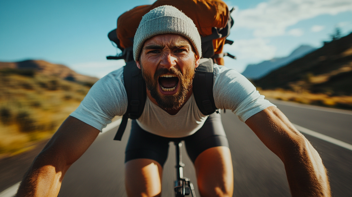 Man on road bike racing with determination in summer.