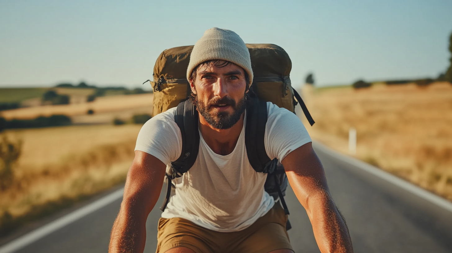 Man on road bike with determination in cross-country race.