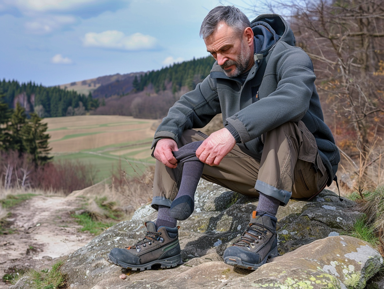 Man on rock putting on trekking socks and boots.