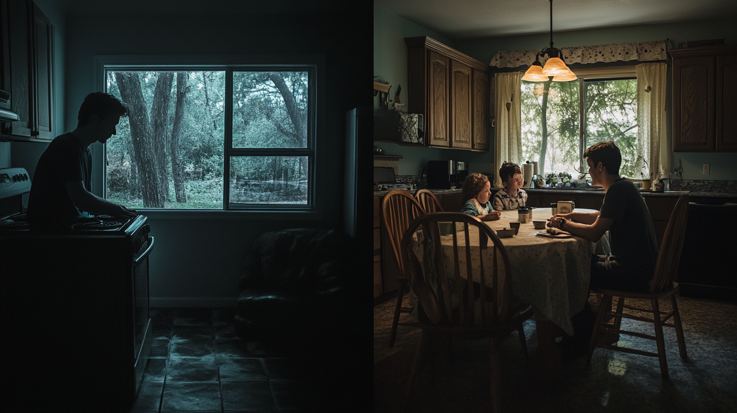 Man on the edge between darkness and light, family waiting