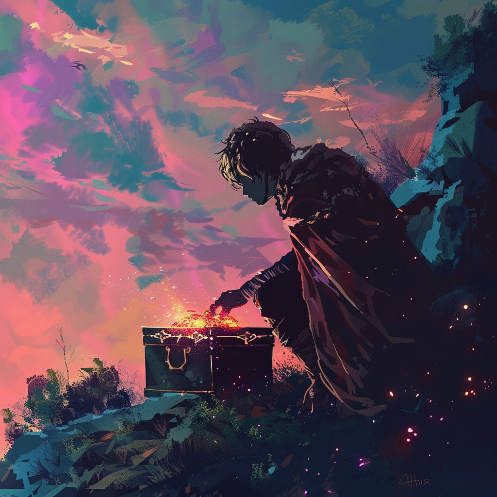 Man opening treasure chest, magical glow, anime sky.