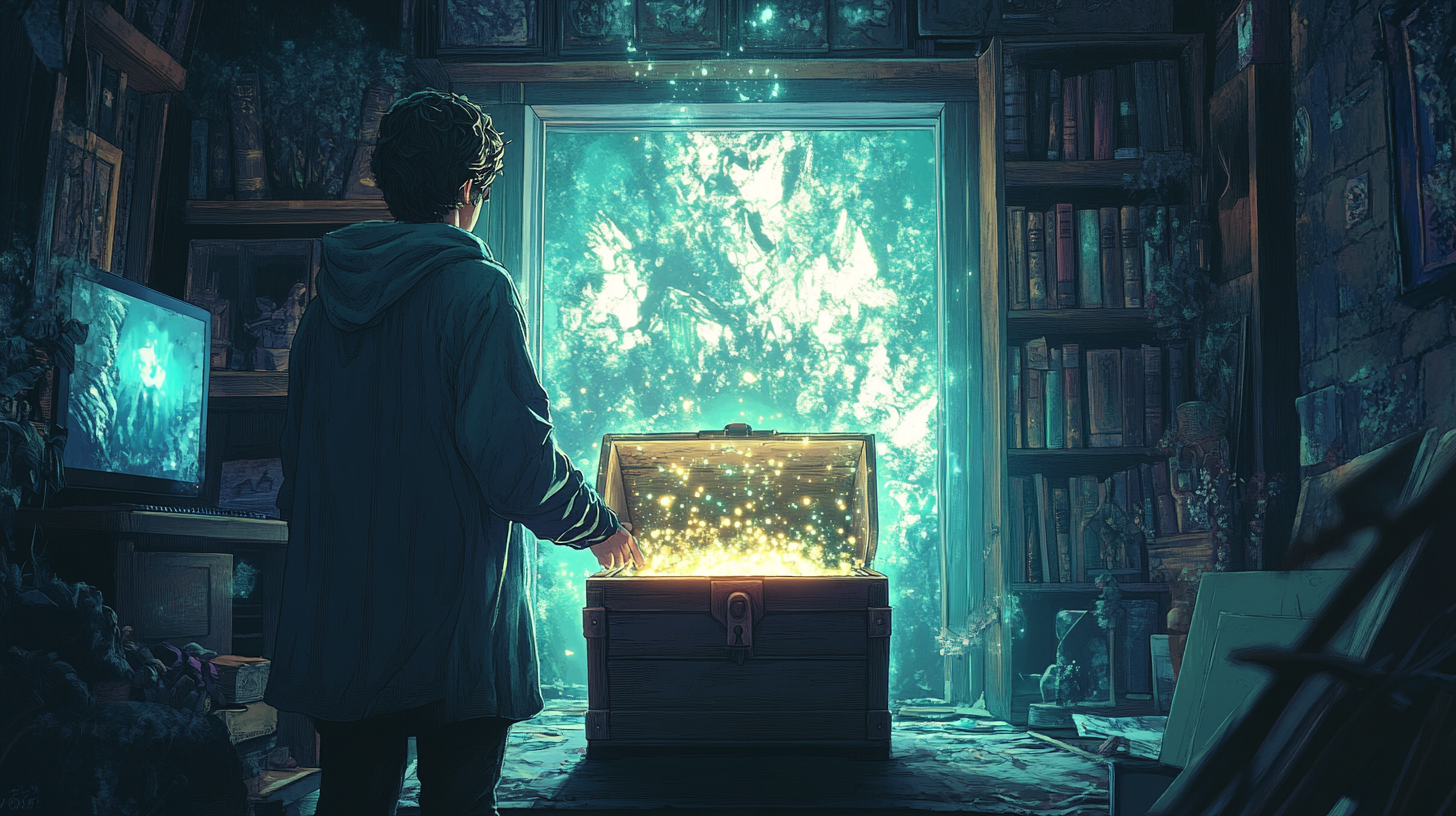 Man opening treasure chest in anime style room peaceful.