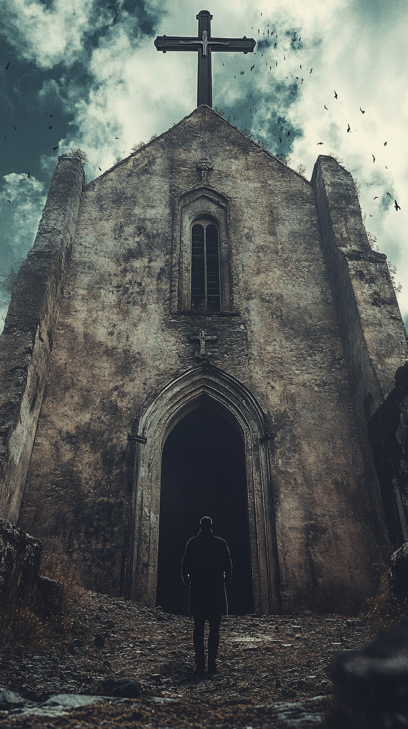 Man or woman gazes at cross on prehistoric church.