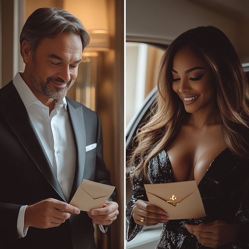 Man placing envelope on dresser, woman smiles nearby.