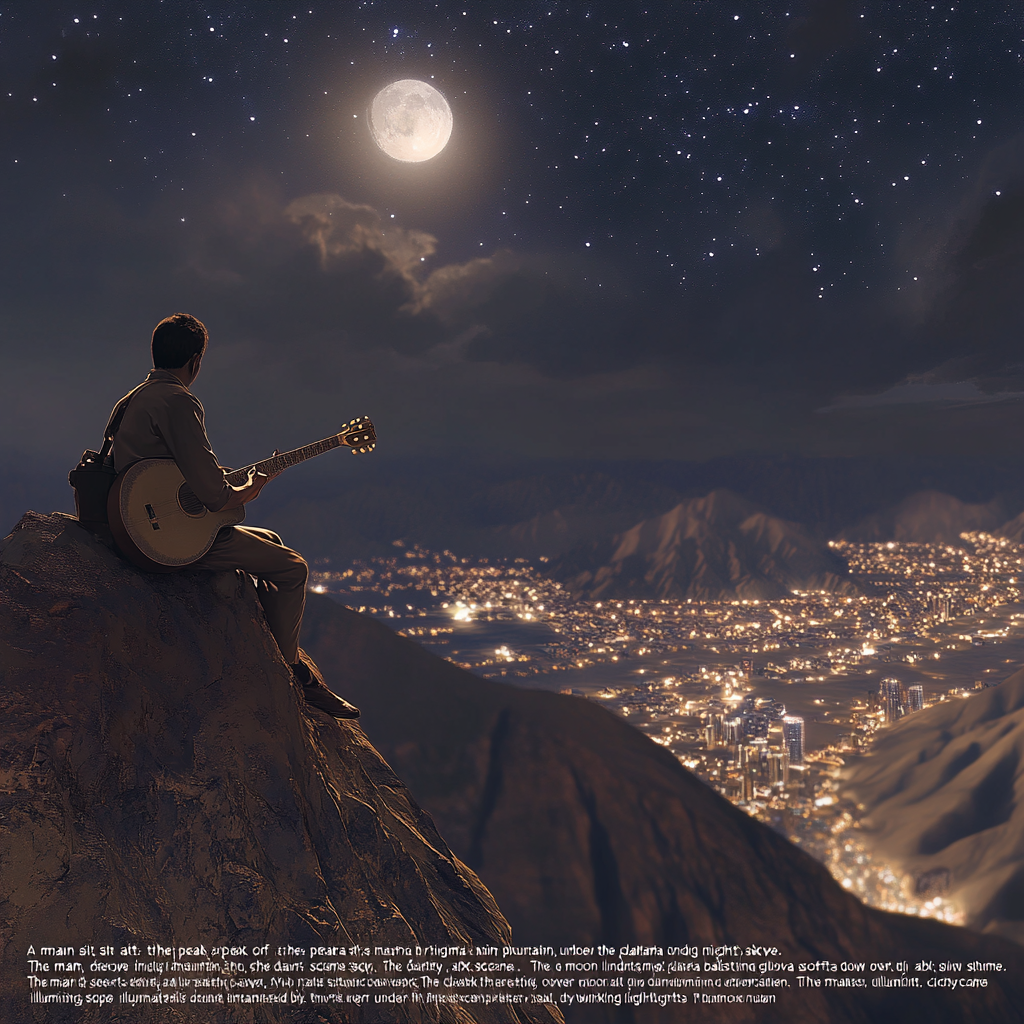 Man plays bağlama on mountain under starry night sky.