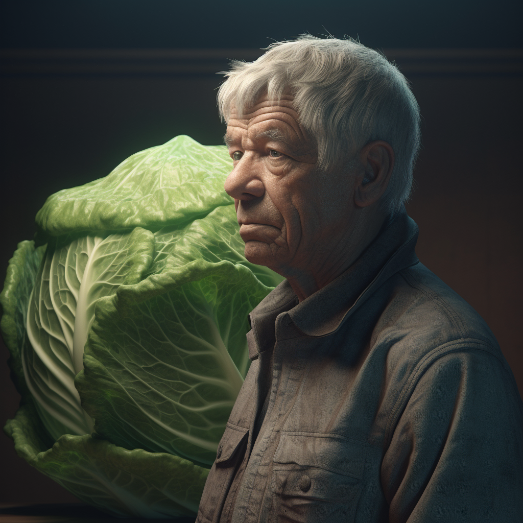 Man portrait with cabbage-shaped head in Maya rendering.