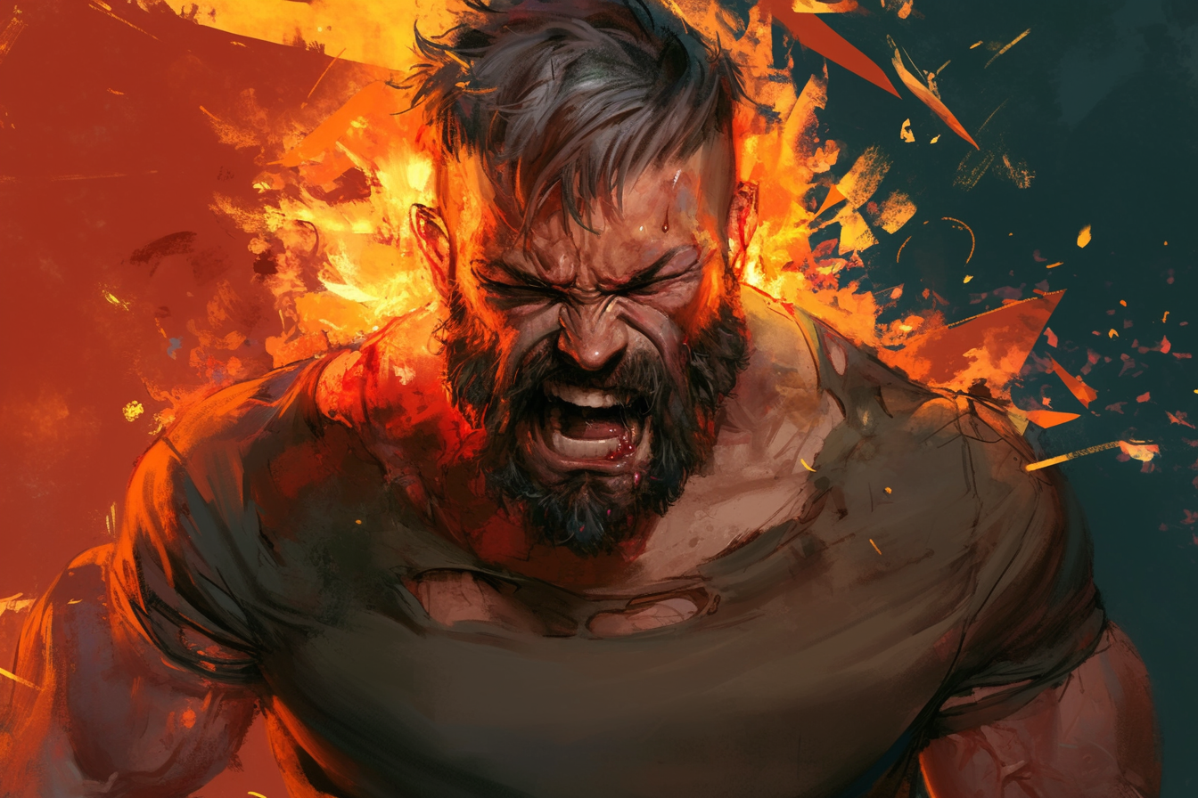 Man raging in flames, horror art, ultra detailed.