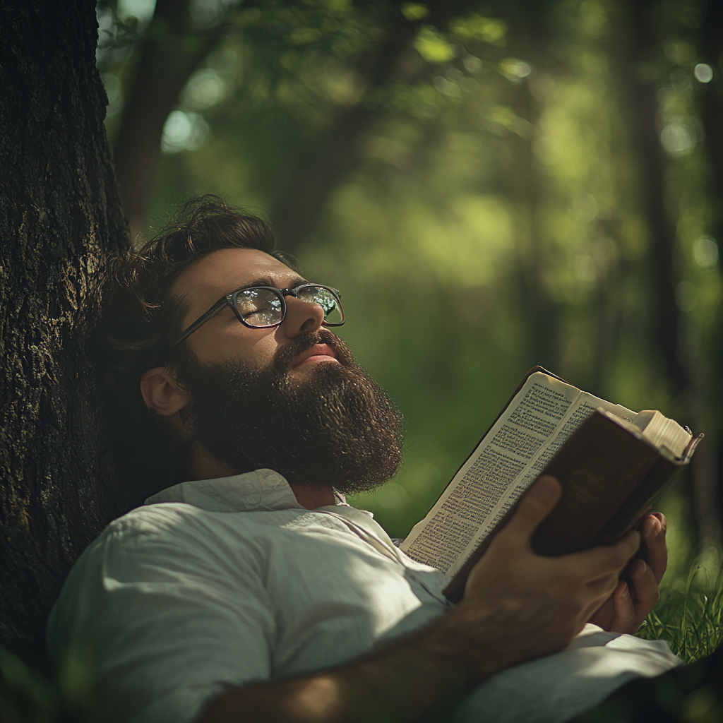 Man reading Bible under tree in nature, hyper realistic.