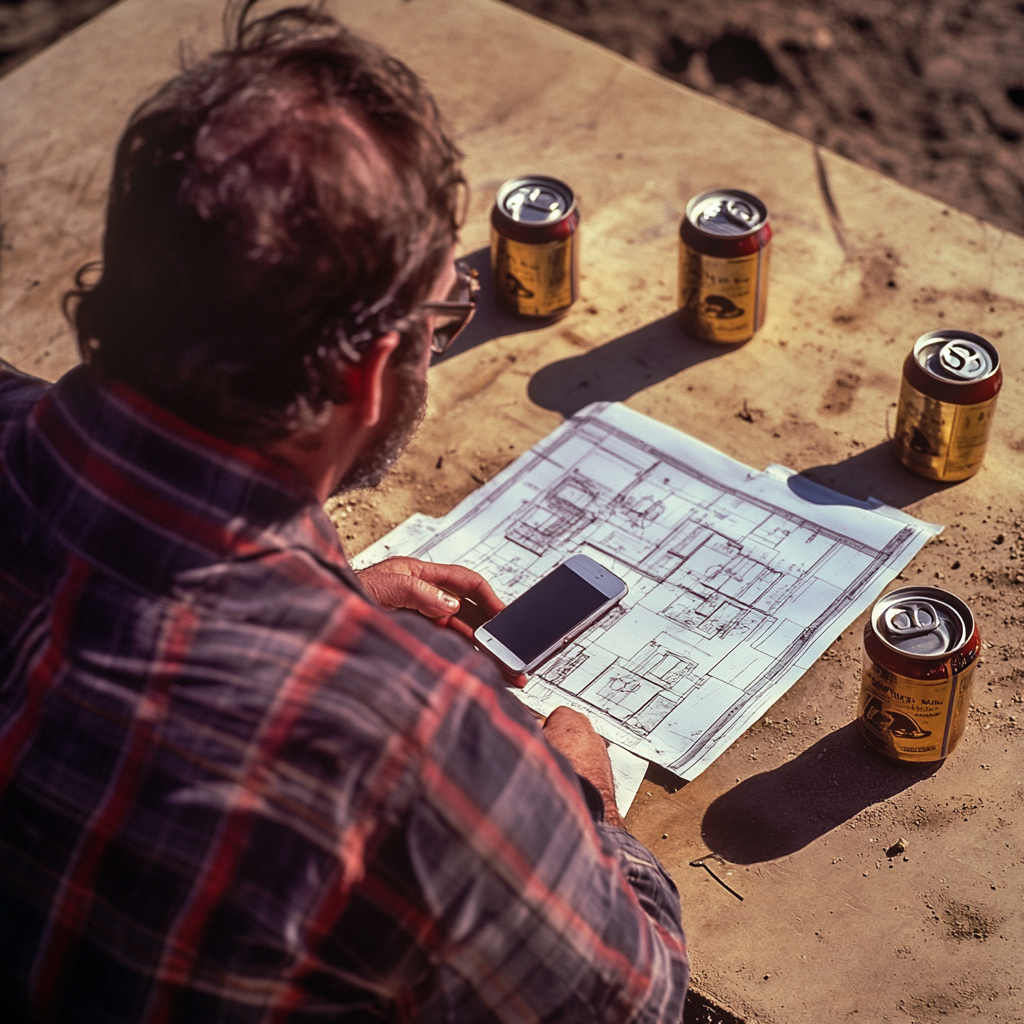 Man reading construction plans on 1970s site