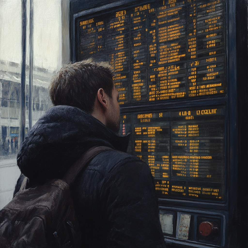 Man reflects on departure board with hopeful expression