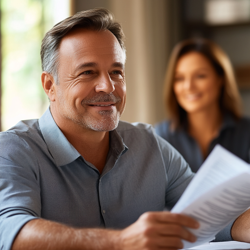 Man reviews financial documents, advisor offers guidance with trust.