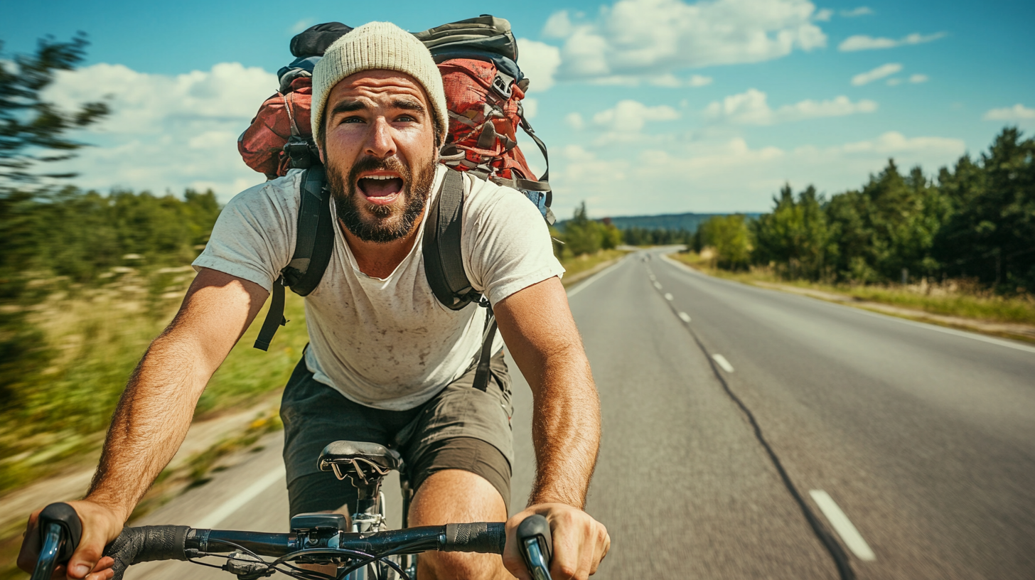 Man riding road bike in country race, determined expression.