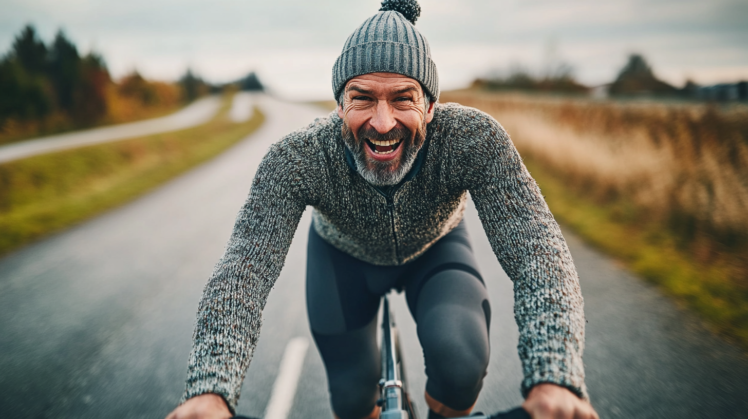 Man riding road bike with determined expression in race.