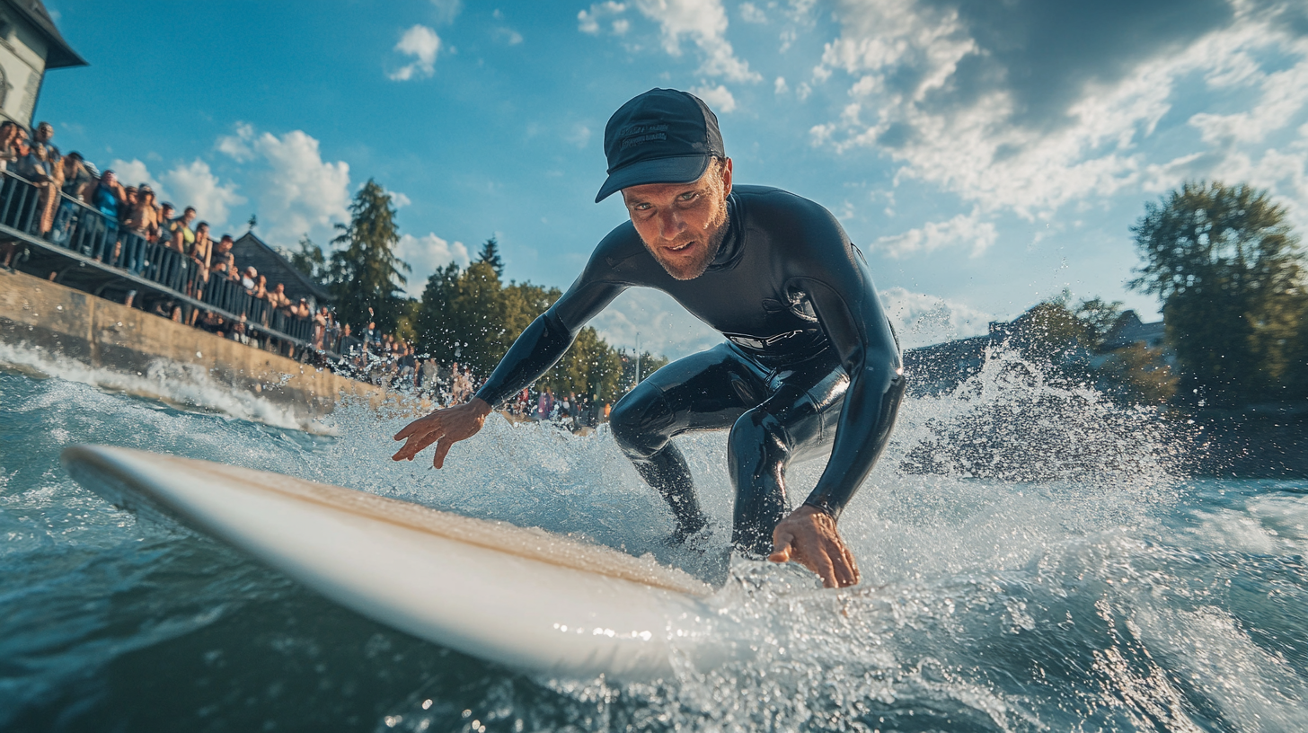 Man river surfing in Thun, determination and energy visible.