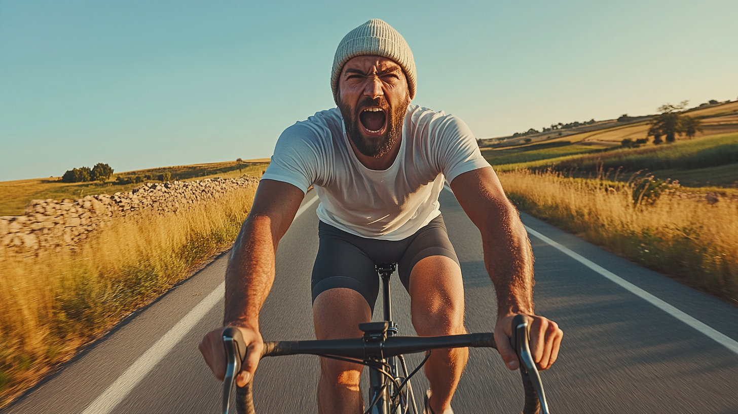 Man road biking with determination on country road race.