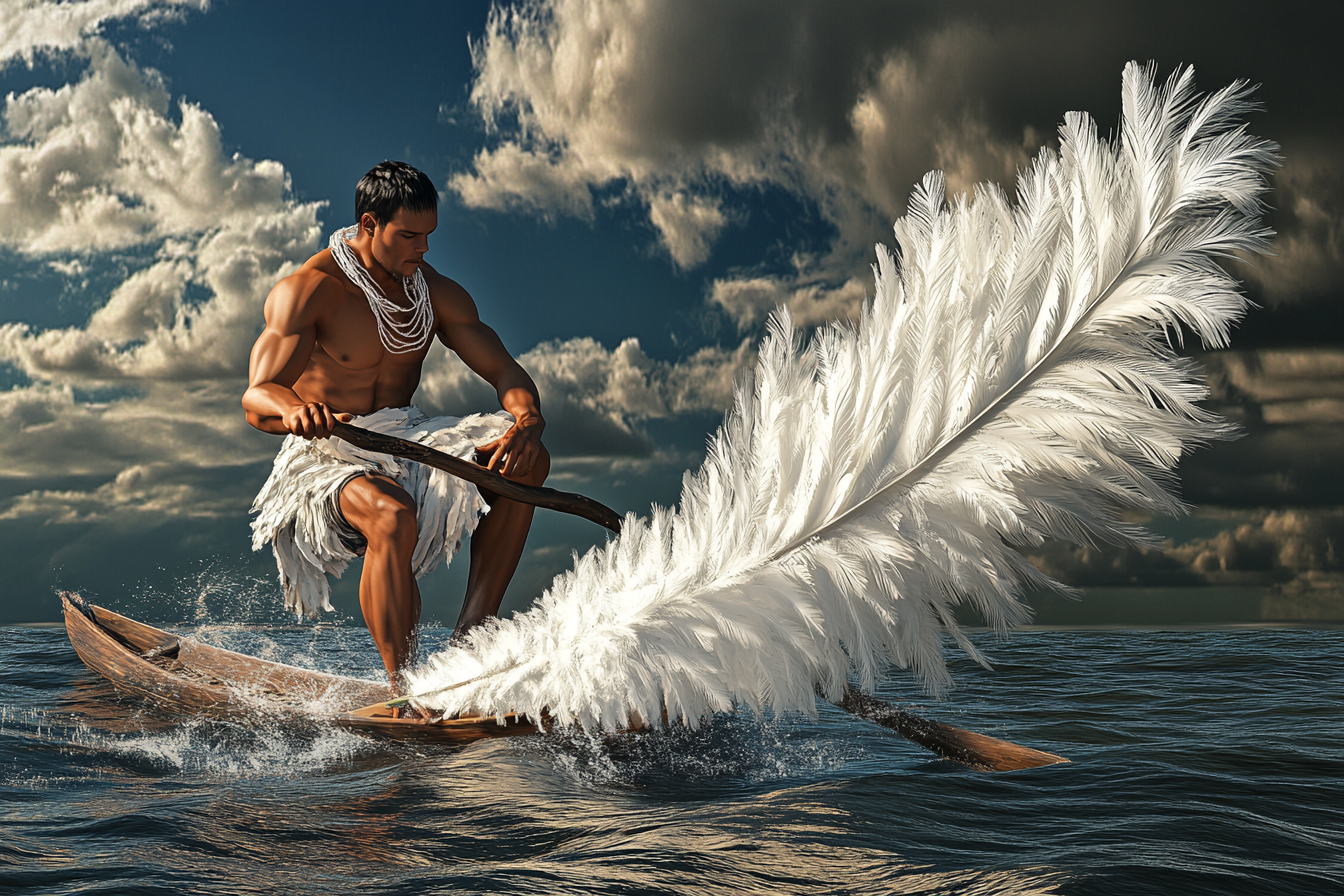 Man rowing over feather in surreal Akira Kusaka style.