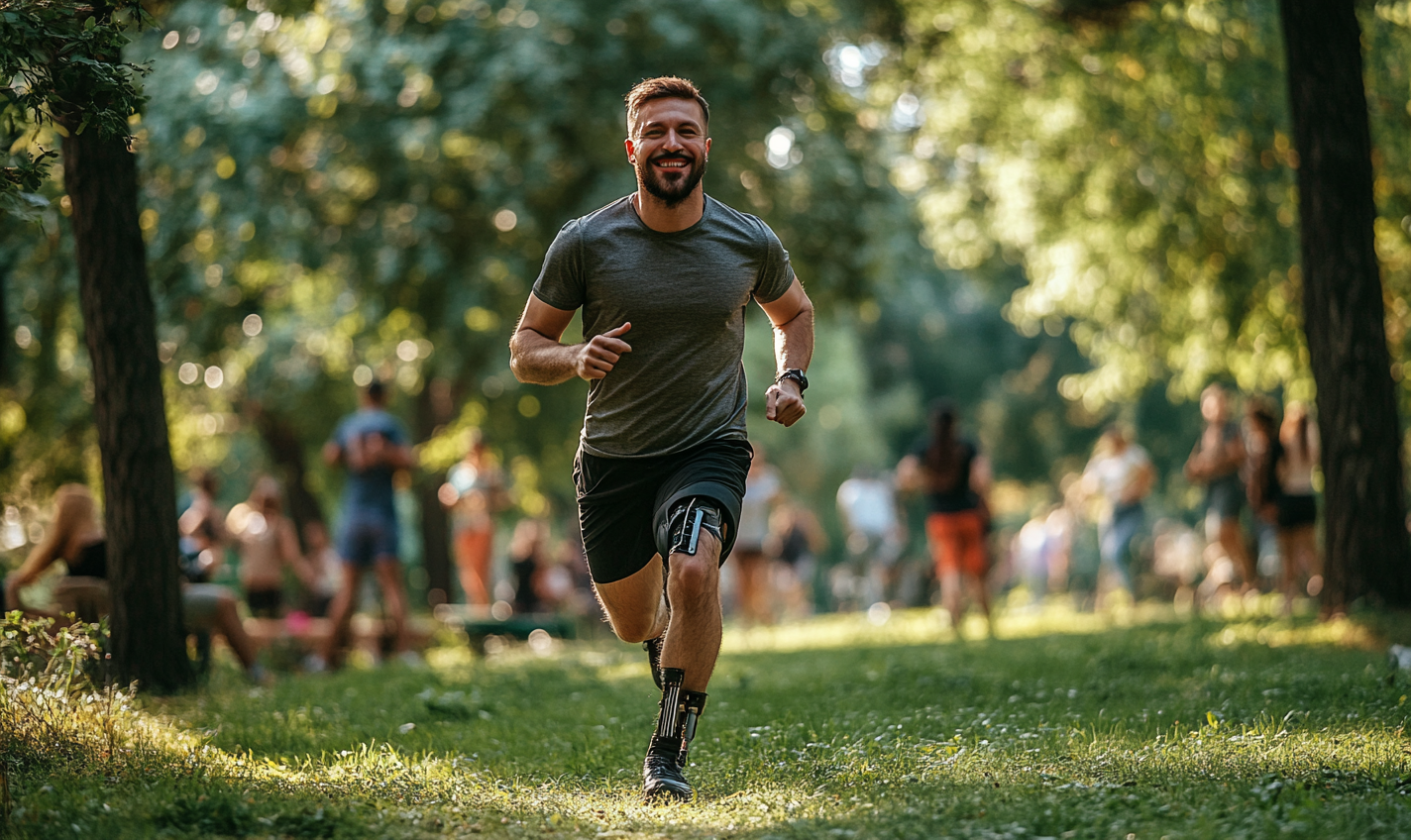 Man running in Ukrainian park with prosthetic leg