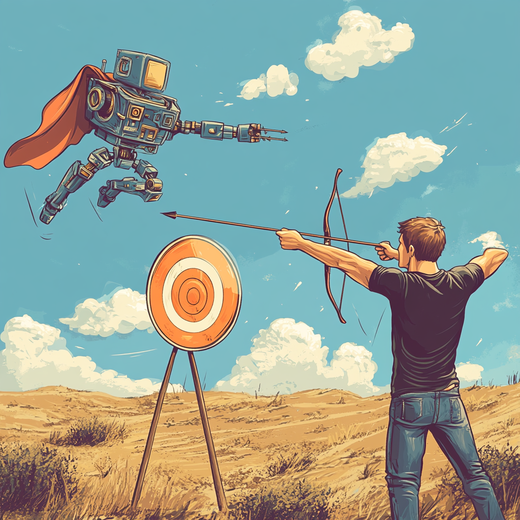 Man shooting arrow next to superhero robot.