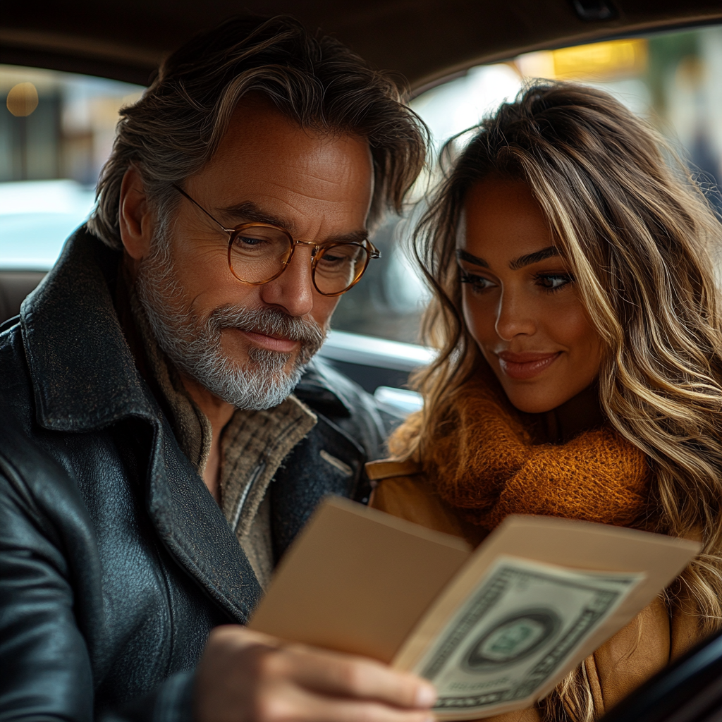 Man showing money to woman in car, both professional.