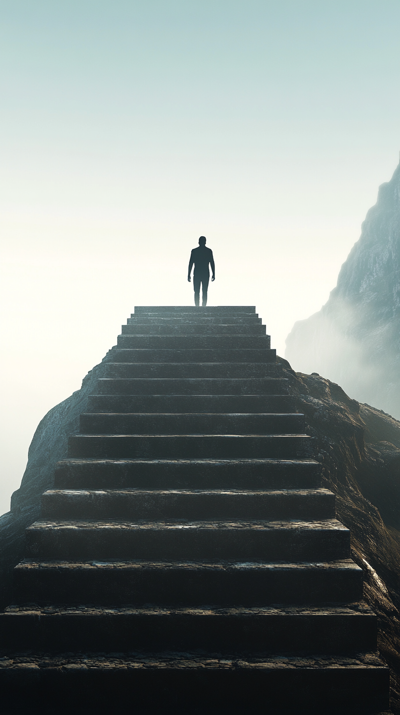 Man silhouette climbing endless stone steps into misty sky.