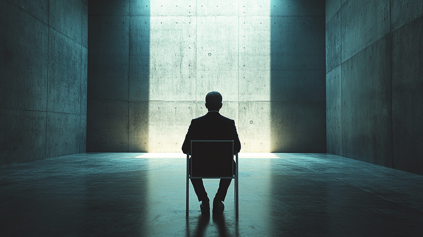 Man sitting in big dark concrete hall illuminated.