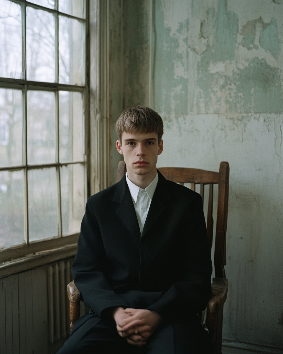 Man sitting in fitted black suit near big window.