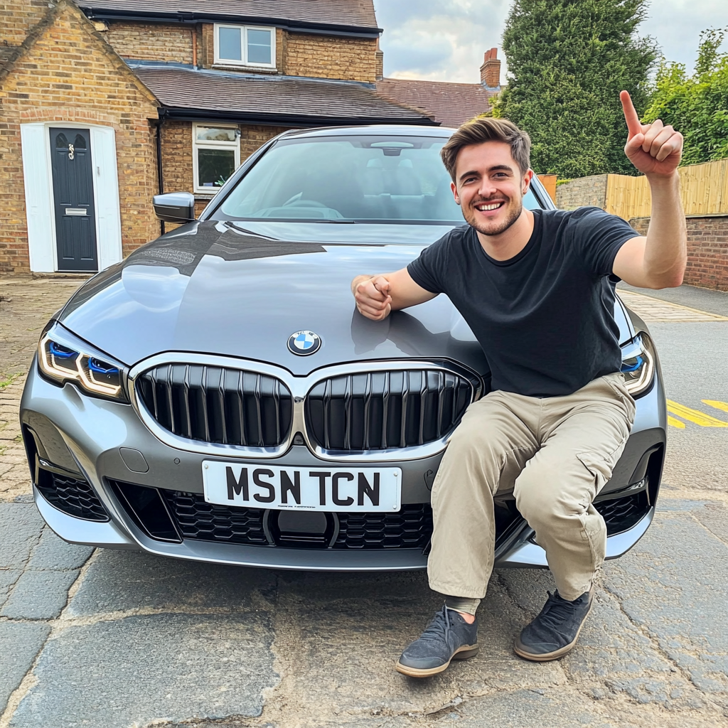 Man sitting next to car pointing up in photo.