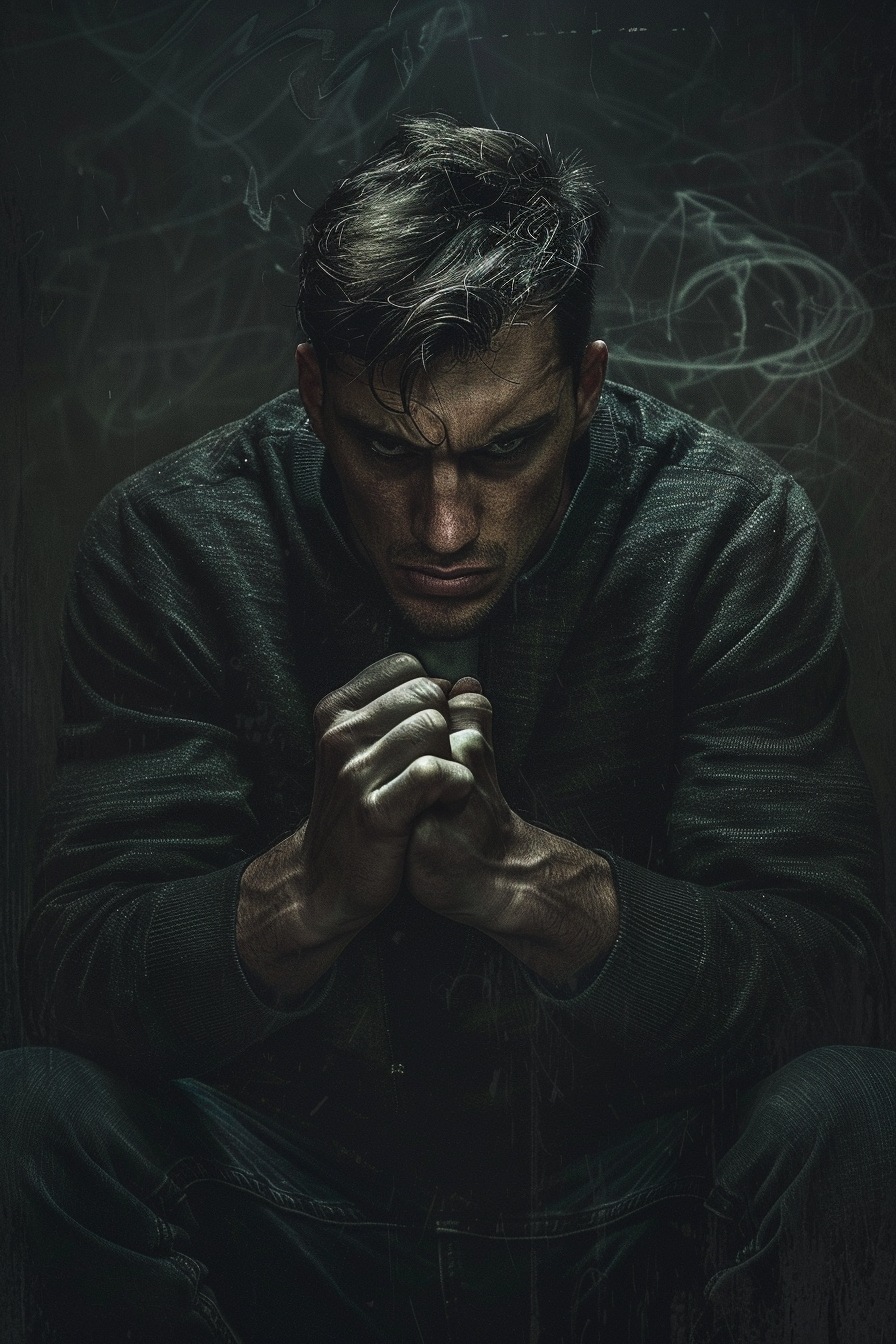 Man sitting with fists clenched, intense gaze, swirling shadows.