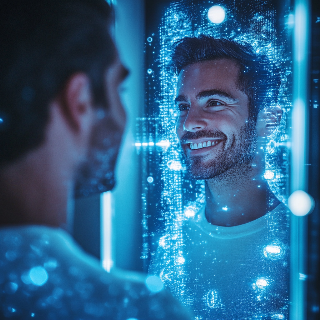 Man smiles at futuristic mirror with growing hair.