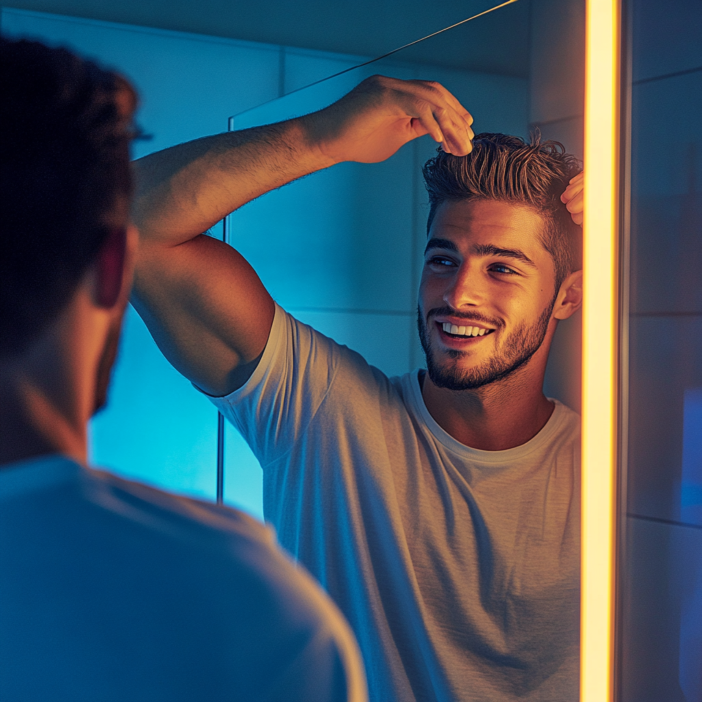 Man smiles in disbelief touching newly grown healthy hair.