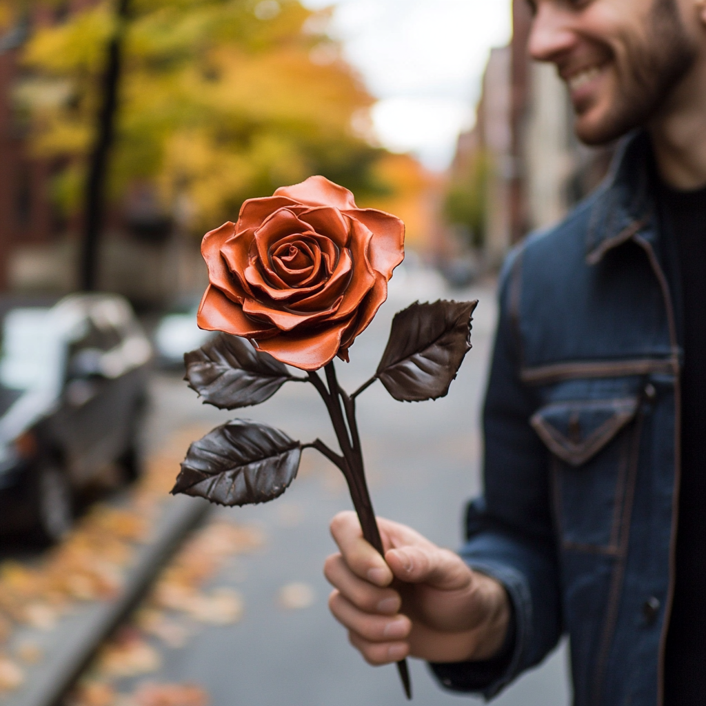 Man smiling, holding chocolate rose bouquet, walking in Bronx.