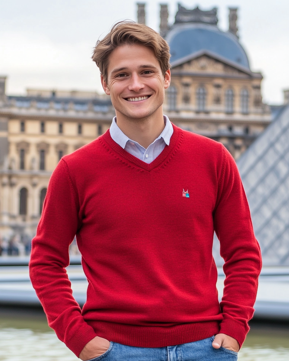 Man smiling in front of Louvre museum