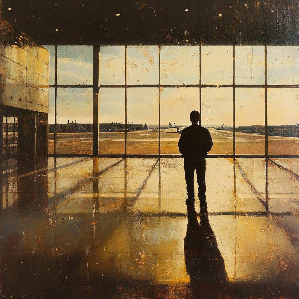 Man standing in departure terminal gazing at runway