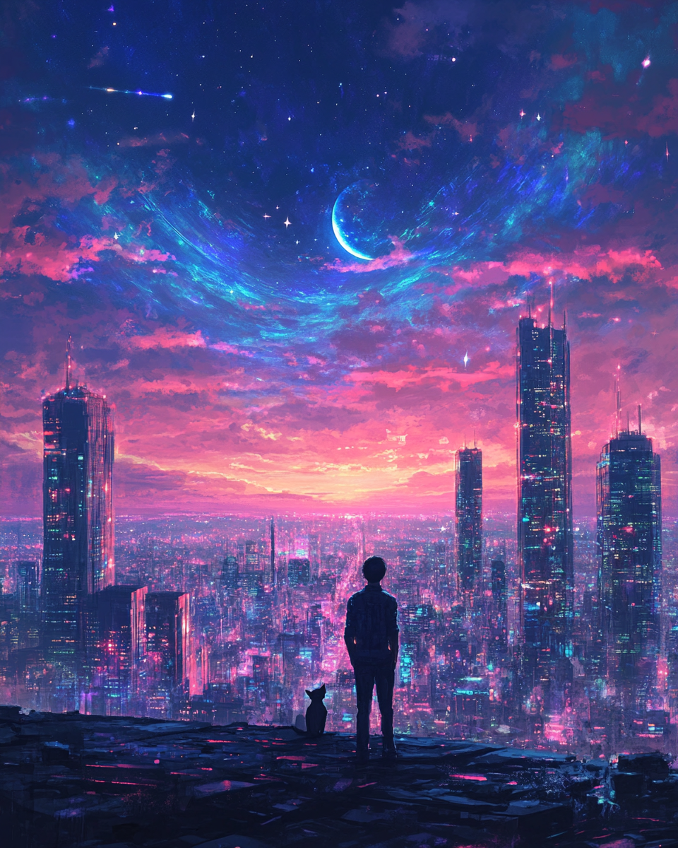 Man standing with cat in cyber city under cosmic skies.