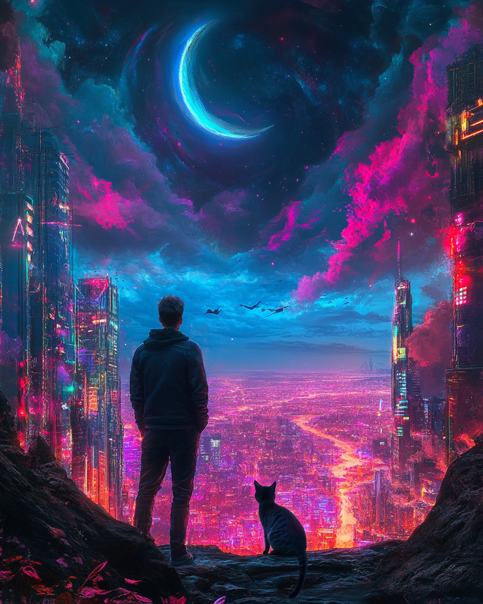 Man standing with cat in hyperrealistic cosmic cyber city.