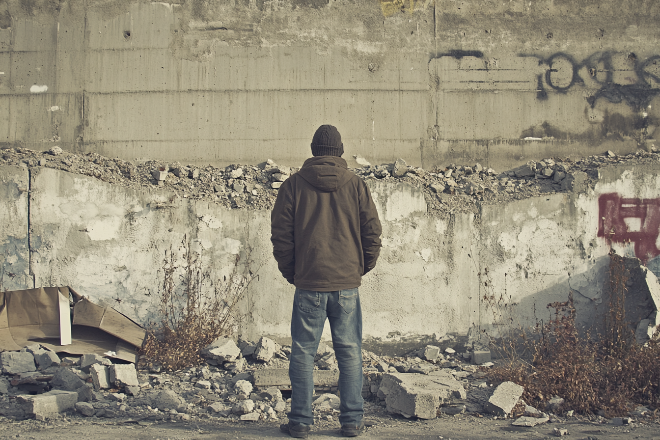 Man stands frozen as Berlin Wall is destroyed.