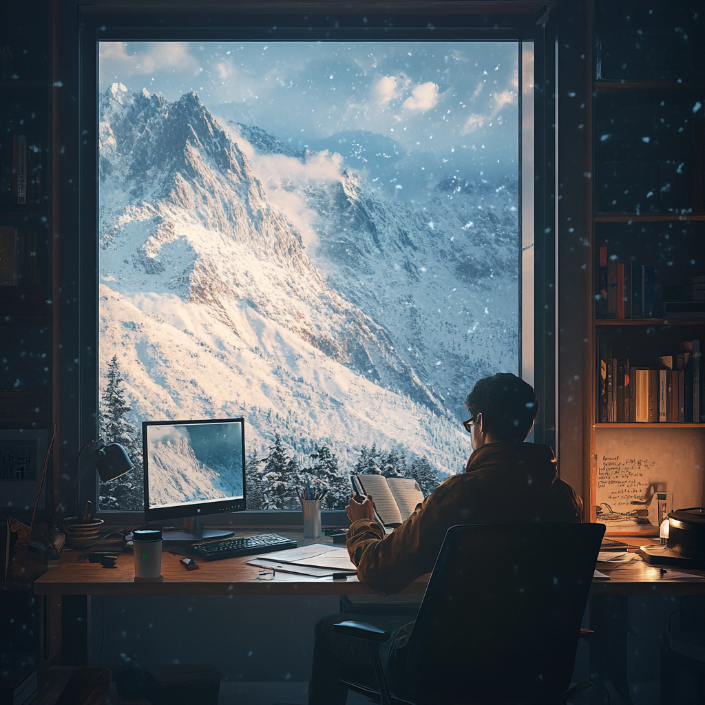 Man studying with coffee near Lamborghini Urus, snowy mountain.