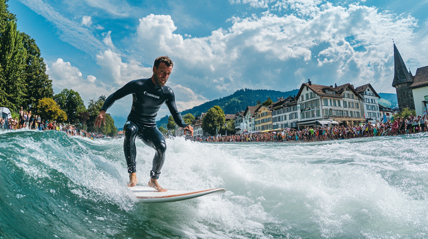 Man surfing in Thun river, determined and energetic photo.